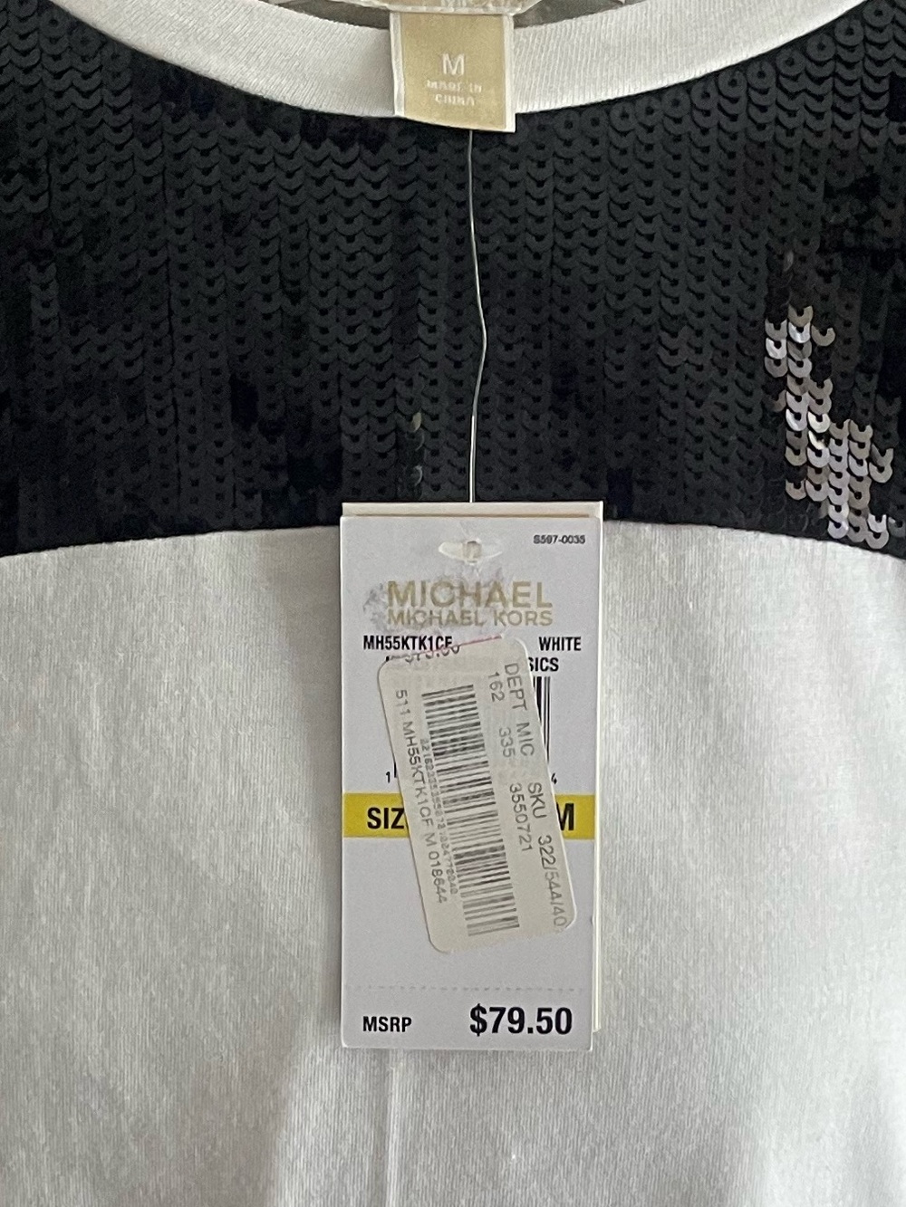 MICHAEL Michael Kors White Long Sleeve Tee with Black Sequin Yoke
